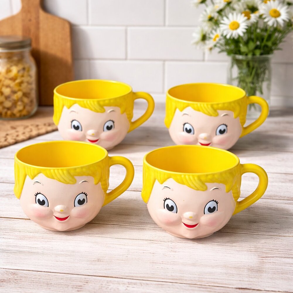 Vintage Dolly Dingle Campbell Soup Mugs Set of 4 Yellow Retro Kids Face Cups